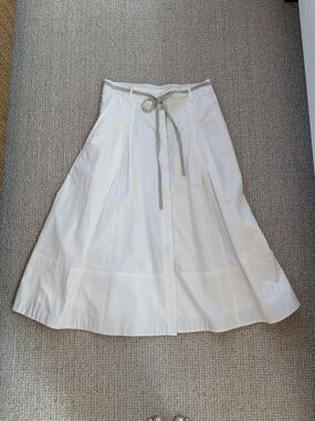 Vince White Canvas Tape Cotton A-Line Midi Skirt with Contrast Tie